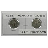 1866 Rays & 1867 No Rays Shield Nickel Pair