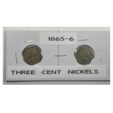 1865 & 1866 Three Cent Nickel 3cN Pair