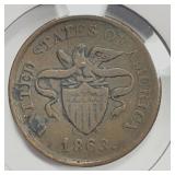 1863 Civil War Token Eagle & Shield / Not One Cent