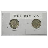 1924 & 1925 Buffalo Nickel Pair Very Fine VF