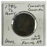 1786 Connecticut Half Penny Colonial Coin