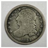 1834 Capped Bust Silver Dime About Good AG