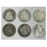 Six Seated Liberty Silver Dimes 1853-1891 incl CC