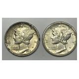 1916 P & S Mercury Silver Dime Pair AU