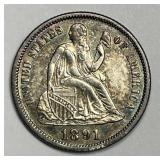 1891 Seated Liberty Silver Dime AU
