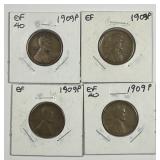 1909-P Lincoln Wheat Cent 4-Coin Dealer Lot XF