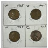 1910 Lincoln Wheat Cent 4-Coin Lot VF/XF