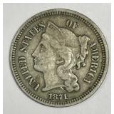 1871 Three Cent Nickel 3cN Extra Fine XF