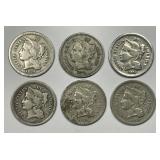 1870 - 1875 Three Cent Nickel 6-Coin Date Run