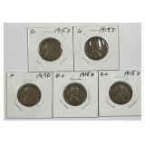 1915-D Lincoln Wheat Cent 5-Coin Dealer Lot