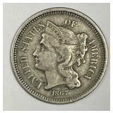 1867 Three Cent Nickel 3cN Extra Fine XF