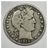 1913 Barber Silver Half KEY DATE Very Good VG