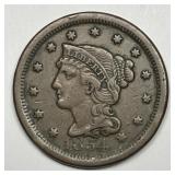 1854 Braided Hair Large Cent Very Fine VF