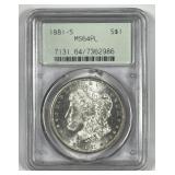 1881-S Morgan Silver $1 PCGS MS64 PL OGH
