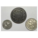 Type Coin Trio of 2 Cents & Three Cent Coins