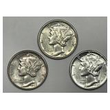 Trio of About Uncirculated AU Mercury Silver Dimes