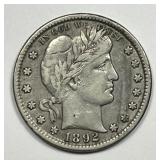 1892 Barber Silver Quarter Fine F+