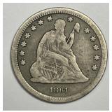1861 Seated Liberty Silver Quarter Good G