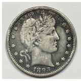 1893-O Barber Silver Quarter Fine F details
