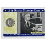1941 Mercury Silver Dime in Roosevelt Info Holder
