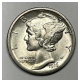 1916-S Mercury Silver Dime Full Bands FSB BU