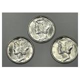 1943 PDS Mercury Silver Dime Trio GEM BU