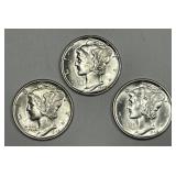 1945 PDS Mercury Silver Dime Trio GEM BU