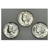1944 PDS Mercury Silver Dime Trio GEM BU