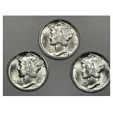 1942 PDS Mercury Silver Dime Trio GEM BU