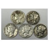 Five Mercury Silver Dimes From the Twenties