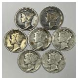 Seven Mercury Silver Dimes From the Teens