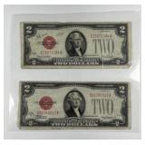 1928 $2 Red Seal US Note Pair Laminated Sheet