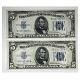 1934 $5 Silver Certificate Pair AA Block Crisp UNC