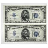 1934 $5 Silver Certificate Pair AA Block Crisp UNC