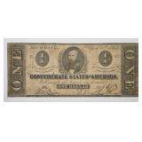 1863 One Dollar $1 Confederate CSA Note T-62