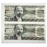 MEXICO: Two 1984 500 Pesos Notes Consecutive CU
