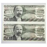 MEXICO: Two 1984 500 Pesos Notes Fancy Serial CU