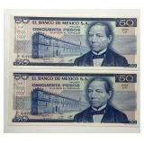MEXICO: Two 1981 50 Pesos Notes Consecutive CU