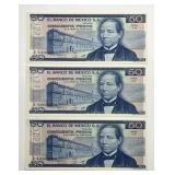 MEXICO: Three 1981 50 Pesos Notes Consecutive CU