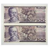 MEXIXO: Two 1982 100 Pesos Notes Consecutive CU