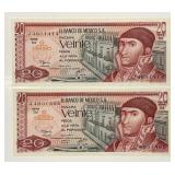 MEXICO: Two 1977 20 Pesos Notes Crisp Unc CU