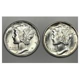 1940 D & S Mercury Silver Dime Pair GEM BU
