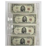 Four $5 1963 Red Seal US Notes All AA Block