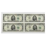 Four 1977 $5 FRN Philadelphia Reserve Crisp UNC