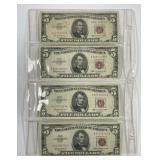 Four $5 1963 Red Seal US Notes All AA Block