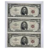 Three 1963 $5 Red Seal US Notes AA Block