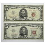 1963 $5 Red Seal US Note Pair AA Block VF/XF