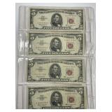 Four $5 1963 Red Seal US Notes All AA Block