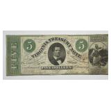 1862 Five Dollars $5 Virginia Treasury Note