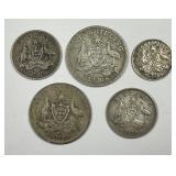 AUSTRALIA: 5 Silver King George V Coins 1910-1928